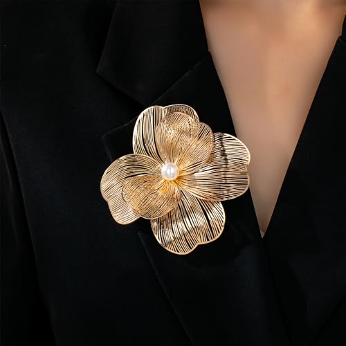 Large Gold Layered Flowers Brooches for Women Filigree Lapel Pins | Chunky Golden Floral Big Pin Trendy Big Fake Pearls Petal Statement Jewelry 70s 80s Costume Outfit Cloth Accessories