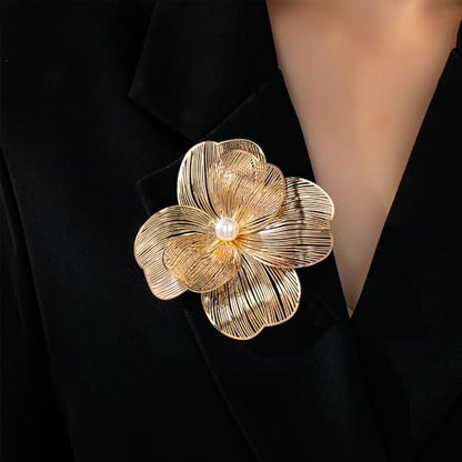 Large Gold Layered Flowers Brooches for Women Filigree Lapel Pins | Chunky Golden Floral Big Pin Trendy Big Fake Pearls Petal Statement Jewelry 70s 80s Costume Outfit Cloth Accessories