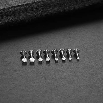 Oveta Threadless Push in Lip Rings 16G/18G/20G Labret Jewelry CZ Lip Studs Stainless Steel Cartilage Earrings for Women Monroe Medusa Piercing Jewelry 6/7/8/10/12mm Bar Length - color: Silver, size: 16G*6mm bar*1.5/2/2.5/3mm cz