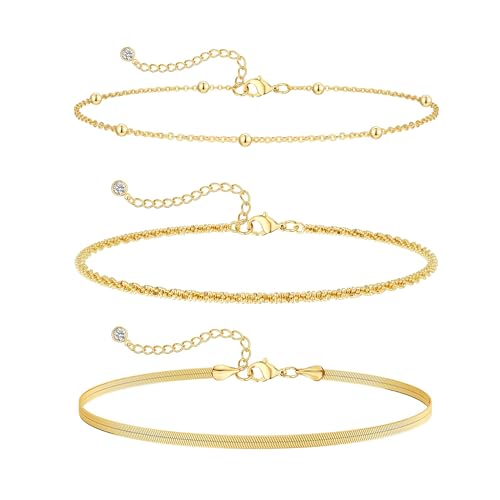 MFRYK Gold Ankle Bracelets for women,14k Gold/Silver Plated Waterproof Layered lightweight Cuban Link Figaro Chain Heart anklet butterfly anklet Pearl Ankle Bracelets Set Gold Anklets for women Trendy Jewelry Gift for Women - style: 3 anklets twisted sate