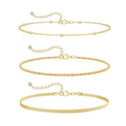 MFRYK Gold Ankle Bracelets for women,14k Gold/Silver Plated Waterproof Layered lightweight Cuban Link Figaro Chain Heart anklet butterfly anklet Pearl Ankle Bracelets Set Gold Anklets for women Trendy Jewelry Gift for Women - style: 3 anklets twisted sate