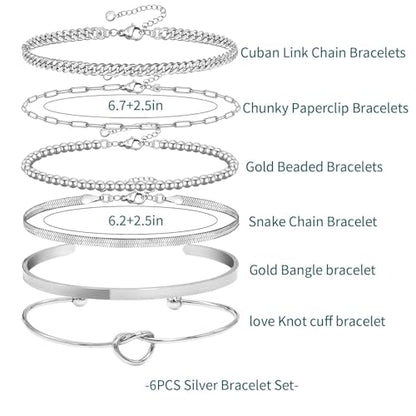 6Pcs 14K Gold Plated Bracelets for Women Layered Bangle Cuff Stack Set Adjustable Stacking Jewelry Set Gifts - color: 6PC-silver