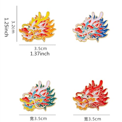4pcs Chinese Dragon Enamel Lapel Pin Set, Dragon ChineseZodiac Style Traditional Design Red Yellow Pink Blue Green - color: RED