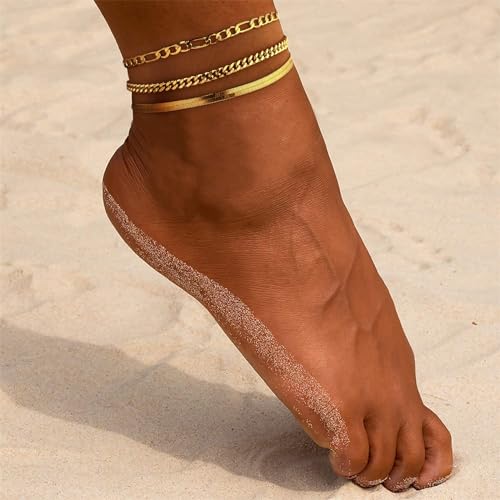 MFRYK Gold Ankle Bracelets for women,14k Gold/Silver Plated Waterproof Layered lightweight Cuban Link Figaro Chain Heart anklet butterfly anklet Pearl Ankle Bracelets Set Gold Anklets for women Trendy Jewelry Gift for Women - style: 3 anklets figaro cuban
