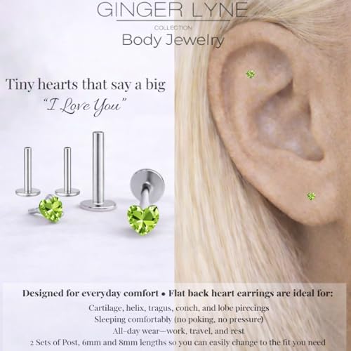 Titanium Heart CZ Labret Stud Earrings for Piercings by Ginger Lyne 6Pc Set G23 Screw Front Flat Back Body Jewelry 2 pair post 6mm, 8mm Cartilage, Helix, Tragus, Lip, Conch, Lobe - color: 3mm-PeridotGreen