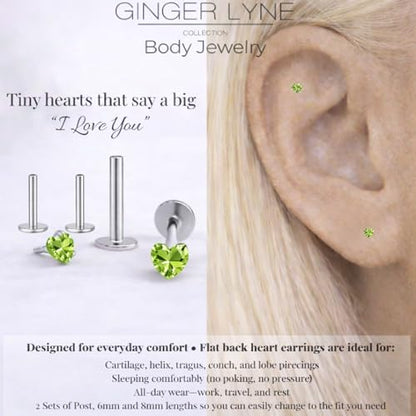 Titanium Heart CZ Labret Stud Earrings for Piercings by Ginger Lyne 6Pc Set G23 Screw Front Flat Back Body Jewelry 2 pair post 6mm, 8mm Cartilage, Helix, Tragus, Lip, Conch, Lobe - color: 3mm-PeridotGreen
