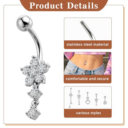 Belly Button Ring Dangle Navel Belly Piercing Jewelry with Cute Heart Butterfly Bow Flower Fake Floating Bellys Buttons Ring for Women Stainless Steel Dainty Dangly Bellys Button Piercing - color: Silver with White