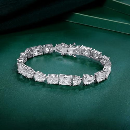 MDFUN 14K White Gold Plated Tennis Bracelet with Heart Oval Teardrop Rectangle Cut Cubic Zirconias for Women Men, 6.5-7.5 inches