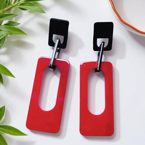 Boho Lightweight Retro Simple Acrylic Splicing Rectangle Earrings for Women Creative Exaggerated Statement Dangle Drop Earrings Jewelry - color: Black PInk