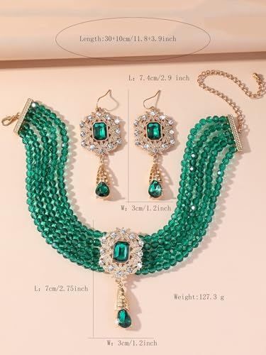 Missgrace Women Silver Black Green Red Rhinestone Crystal Tassels Bridal Necklace Earrings Sets Teardrop Necklace Dangle Earrings Set for Wedding Brides Bridesmaid - color: Green