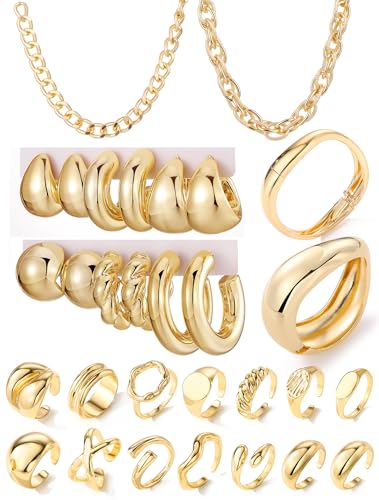 IFKM Gold Plated Jewelry Set for Women,14k Gold Plated Multi Layer Necklaces Stackable Bangle Bracelets Stackable Knuckle Rings Hoop Earrings Set Anniversary Trendy Elegance Charms Anniversary Birthday Jewelry Gift - color: Gold Chunky