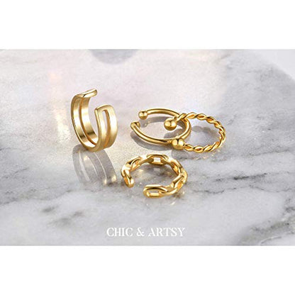 CHIC & ARTSY 925 Sterling Silver Ear Cuffs for Women, Non Piercing Clip On Cartilage Cuffs, Adjustable Fake Conch & Helix Earrings, Gold Plated & Oxidized Various Styles - color: ear cuff #2
