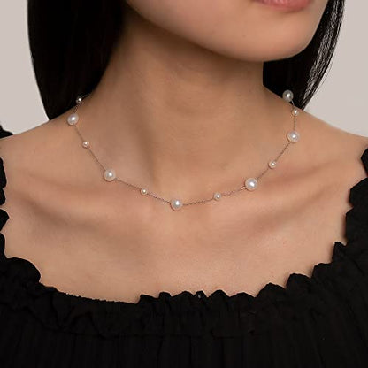 925 Sterling Silver Dainty Freshwater Cultured Pearl Choker Necklace White Genuine Real Pearl Charm Necklaces Jewelry Gifts for Her - color: Satellite Pearl-Silver Plus 4-5mm&8-9mm