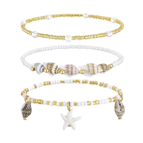 Cicy Bell Boho Ankle Bracelets Set for Women Beach Jewelry Bead Anklets | Hawaiian Shell Starfish Charm,Adjustable,Waterproof Non Tarnish,Summer Vacation Foot Jewelry - color: Gold B