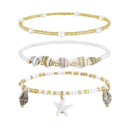 Cicy Bell Boho Ankle Bracelets Set for Women Beach Jewelry Bead Anklets | Hawaiian Shell Starfish Charm,Adjustable,Waterproof Non Tarnish,Summer Vacation Foot Jewelry - color: Gold B