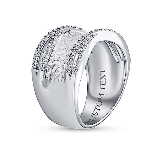 Bling Jewelry Personalized Modern Criss Cross Style CZ Accent Band Fashion Statement Brushed Hammered Matte Finish Wide Band Ring Silver Plated Brass