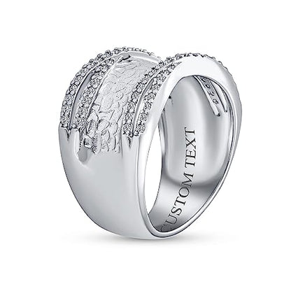 Bling Jewelry Personalized Modern Criss Cross Style CZ Accent Band Fashion Statement Brushed Hammered Matte Finish Wide Band Ring Silver Plated Brass