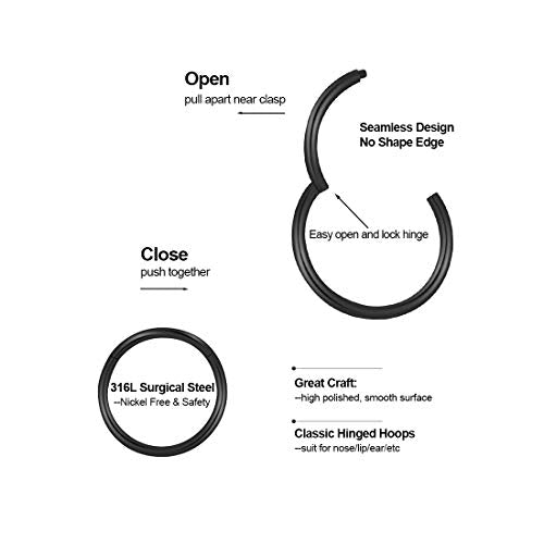 Nose Rings Hoop, 316L Surgical Steel 20G 18G 16G 14G Hypoallergenic Nose Rings Septum Cartilage Hoop Earring Conch Piercing Jewelry for Women, Diameter 5mm to 14mm, Gold, Rose Gold, Silver, Black - style: 1pcs, Black, 20g, Diameter: 5mm