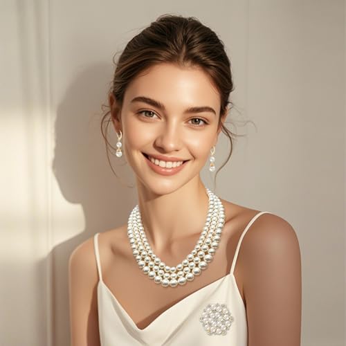 Pearl Jewelry Set for Women Faux Pearl Costume Jewelry Set with Necklace, Bracelets, Ring, Earrings for Wedding Bridal Birthday Tea Party - color: 3Pcs White