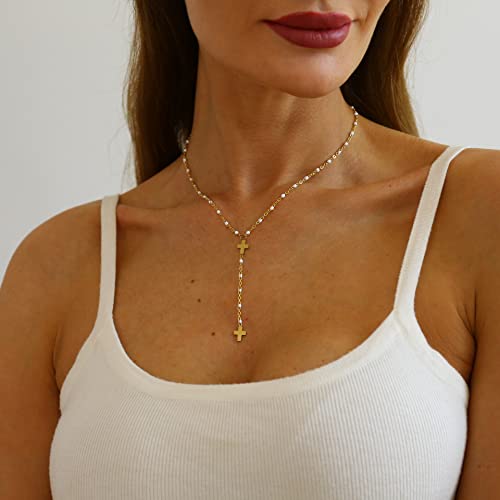 18K Gold Plated Minimalist Drop Y-Shaped Necklace for Women | Simple Lariat Necklace, Minimalist Everyday Jewelry,Y-Shaped Necklace - style: White Beads-Gold