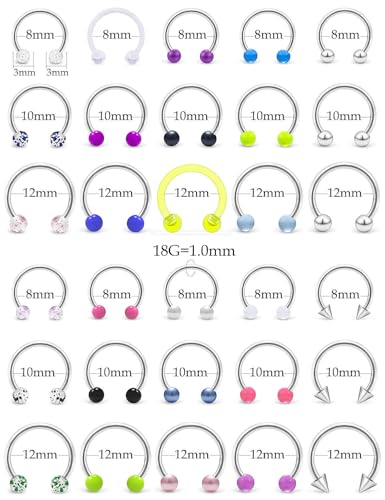 20G 18G 16G 14g Septum Rings Surgical Steel Horseshoe Nose Septum Rings Cartilage Helix Tragus Rook Daith Earring Hoop Lip Piercing Jewelry Retainer for Women Men - style: 18g-inner dia:8mm 10mm 12mm-3mm balls