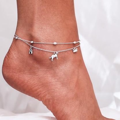 CHIC & ARTSY 925 Sterling Silver Ankle Bracelets for Women, Adjustable Layered Foot Chains with Nature & Symbol Charms, Lightweight Comfort Fit Boho Beach Everyday Jewelry - color: # Dogs Anklet