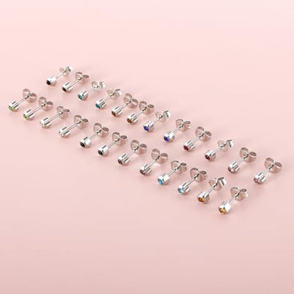 12 Pairs Surgical Stainless Steel Cubic Zirconia Birthstone Stud Earrings Heart Star Round Multicolors Stud Earrings Set for Women - style: Silver heart 4mm