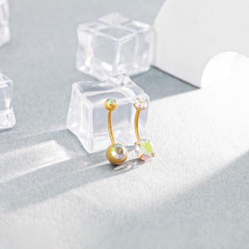 2pcs 14k Gold Filled Belly Button Rings, 14G 8mm/10mm/12mm Threaded Barbell Belly Button Piercing, Navel Ring Piercing Jewelry - color: 14K GF-2pcs-AB Round CZ-10mm