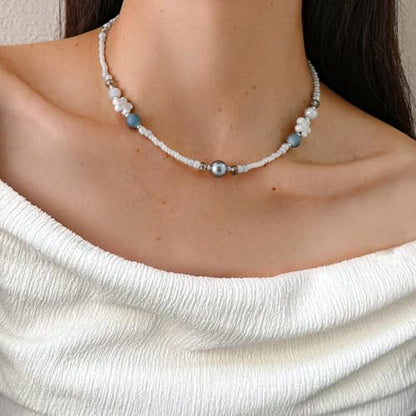 Beaded Necklaces for Women Summer Beach Beaded Necklace Bead Choker Boho Necklaces for Women Handmade Summer Jewelry Stainless Steel 18K Gold Plated - color: White & Blue-gray