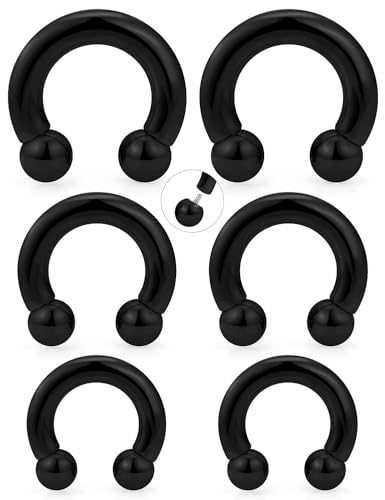 20G-00G Septum Rings Ear Gauges Earrings Stretching Kit 316L Surgical Steel Horseshoe Septum Pa Piercing Jewelry for Women 10mm 12mm 14mm 16mm - color: Black, size: Gauge: 6G, Inner Dia: 12mm 14mm 16mm