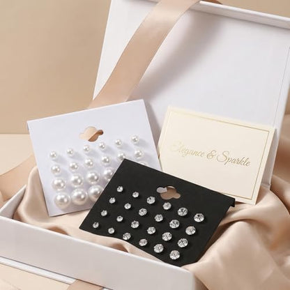 24 Pairs Pearl Studs Earrings for Women, Faux Simulated Pearl Earrings 4 Mixed Sizes Round Ball Pearls Stud Earring Set - color: White, Clear
