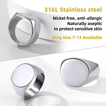 GoldChic Jewelry Personalized Signet Rings Men Women, Stainless Steel Custom Photo Bold Square/Oval Monogram/Old English Initial Pinky Stacking Statement Ring in Black/Silver/Gold (Size 7-14) - color: Steel-Blank - Round