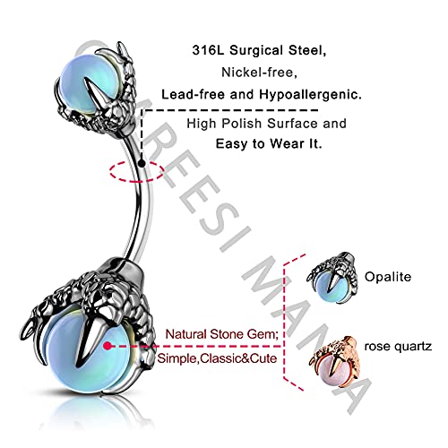 CM Crareesi Mania Skull Hand Halloween Belly Button Rings Natural Stone Claw Piercing Navel Rings for Women - color: Gun Black Claw-Blue Opalite