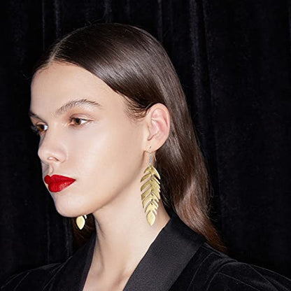 Handmade Unique Lightweight Bohemian Genuine Leather Leaf Dangle Drop Earrings Dainty Sparkly Chain Feather Hook Earring for Women Statement - color: Gold