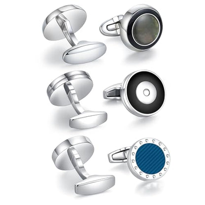 Cufflinks for Men, Stainless Steel Classic Black Pearl, Blue Carbon Fiber CuffLinks men's accessories, Great Gift for Father, Husband - style: 3 pairs-A