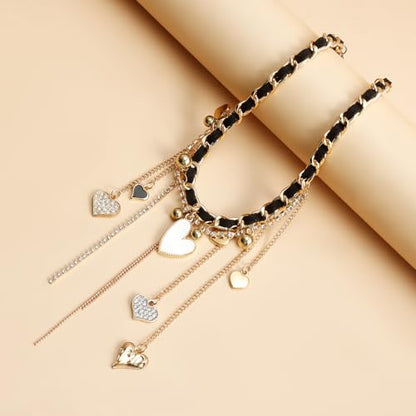 PLOUTOS Statement Layered Choker Necklace for Women Black Woven Chain With Charms And Dangles Plus-Shape Star Spike And Bar Pendants Adjustable Punk Y2K Style - color: Gold A