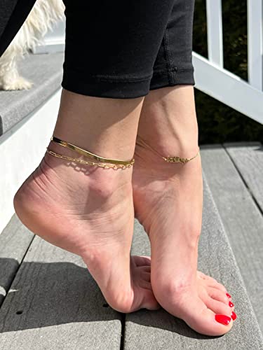 DEARMAY Gold Anklets for Women Waterproof | Non Tarnish14K Gold Plated Ankle Bracelets Set Stack, Summer Beach Jewelry Gifts for Vacation - color: Gold Anklet-T