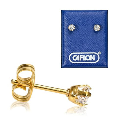 Caflon 24K Gold Plated | Stainless Steel Cubic Zirconia Stud Earrings 4mm | Nickel Safe Hypoallergenic Ear Jewelry | Sparkling Round Silver Tone Crystal Design with Secure Push-Back Closure | Everyday Fashion Jewelry - style: Gold Plated