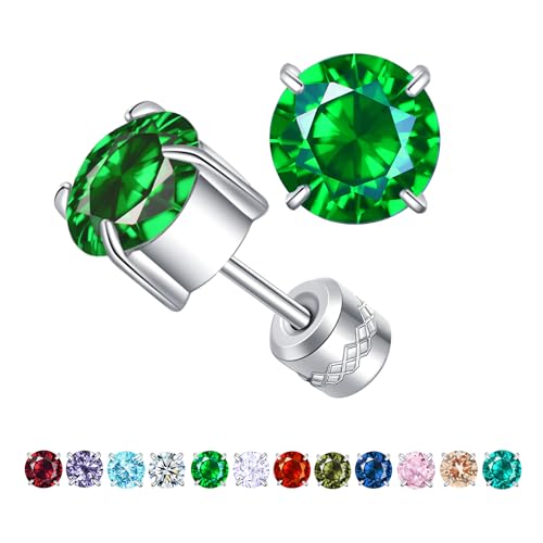 Titanium Flat Back Surgical Stainless Steel Stud Earrings for Women Men,Birthstone Stud Earrings Hypoallergenic Double Side 5A Cubic Zirconia Studs Jewelry 6mm - color: May (Emerald)