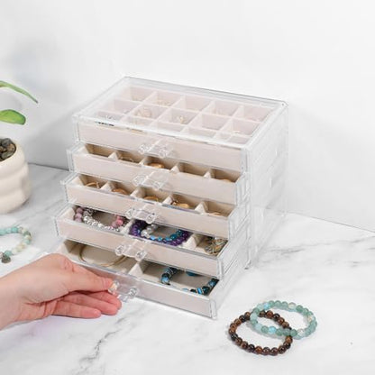 Acrylic Jewelry Box with 5 Drawers, Clear Case with Beige Velvet Lining, 9.25" x 5.31" x 6.7" Earring Organizer with Adjustable Dividers, Stackable Storage Display for Rings Necklaces Bracelets