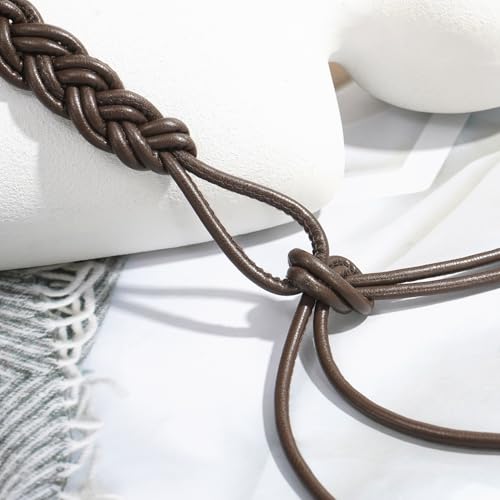 Women's Knotted Thin Waist Belt PU Leather Skinny Belts for Dresses Pants - color: Plaited Hair-coffee