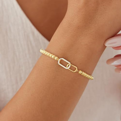 Beaded Bracelets for Women 14K Silver Gold Plated Stretch Handmade Ball Bracelets Cute Charm Bracelet Dainty Stackable Cross Heart Bow Wave CZ Circle Trendy Jewelry Easter Gifts - color: zirconia-square