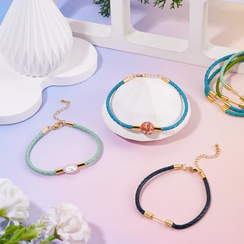 5Pcs Round Braided Imitation Leather Cord Bracelet Making, Blue Cyan Adjustable Braided Rope Bracelet Faux Leather Wristbands Cords with Beadable Bar for DIY Craft Jewelry Making