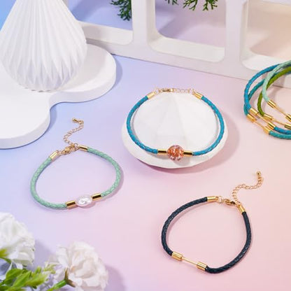 5Pcs Round Braided Imitation Leather Cord Bracelet Making, Blue Cyan Adjustable Braided Rope Bracelet Faux Leather Wristbands Cords with Beadable Bar for DIY Craft Jewelry Making