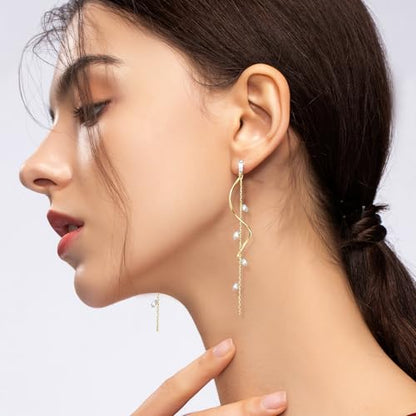 Gold/Silver Clip on Earrings Non Pierced for Women - 14K Gold Plated Long Tasse Drop Dangle Clip Earrings - Cubic Zirconia Leaf Earrings for Women Gold Wedding Jewelry Gifts - color: Gold