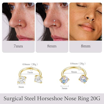 Titanium Horseshoe Nose Ring 20g, Gold Silver Nose Rings Hoops with Double CZ Gems Hypoallergenic Septum Ring for Women Men, Small Cartilage Helix Tragus Daith Labret Piercing Jewelry 7mm 8mm 9mm - color: Gold-CZ+AB