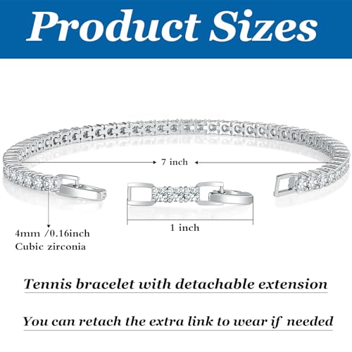 4/5mm Tennis Bracelets for Women, Adjustable 18K White Gold Plated Fold Over Clasp 4/5mm Round Cubic Zirconia Stackable Classic Tennis Bracelets for Women, Size 6.5-7.5 inch + 1 inch - size: 7.0 + 1 inch
