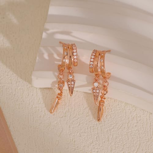 Dangle Earrings for Women,14k Gold Plated Triple Huggie Stud Earrings Cute Statement Chain Earring Dainty Drop Earrings for Women Trendy Gold Plated Jewelry - color: rose gold - dangle2