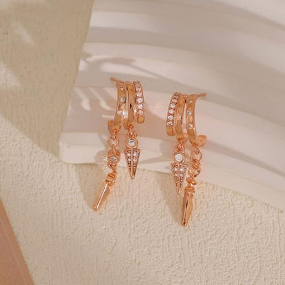 Dangle Earrings for Women,14k Gold Plated Triple Huggie Stud Earrings Cute Statement Chain Earring Dainty Drop Earrings for Women Trendy Gold Plated Jewelry - color: rose gold - dangle2