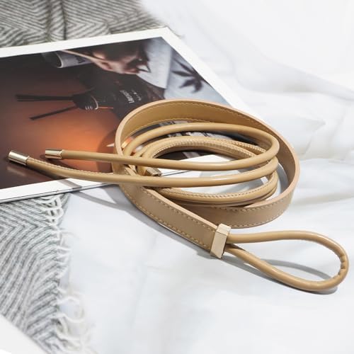 Women's Knotted Thin Waist Belt PU Leather Skinny Belts for Dresses Pants - color: Khaki